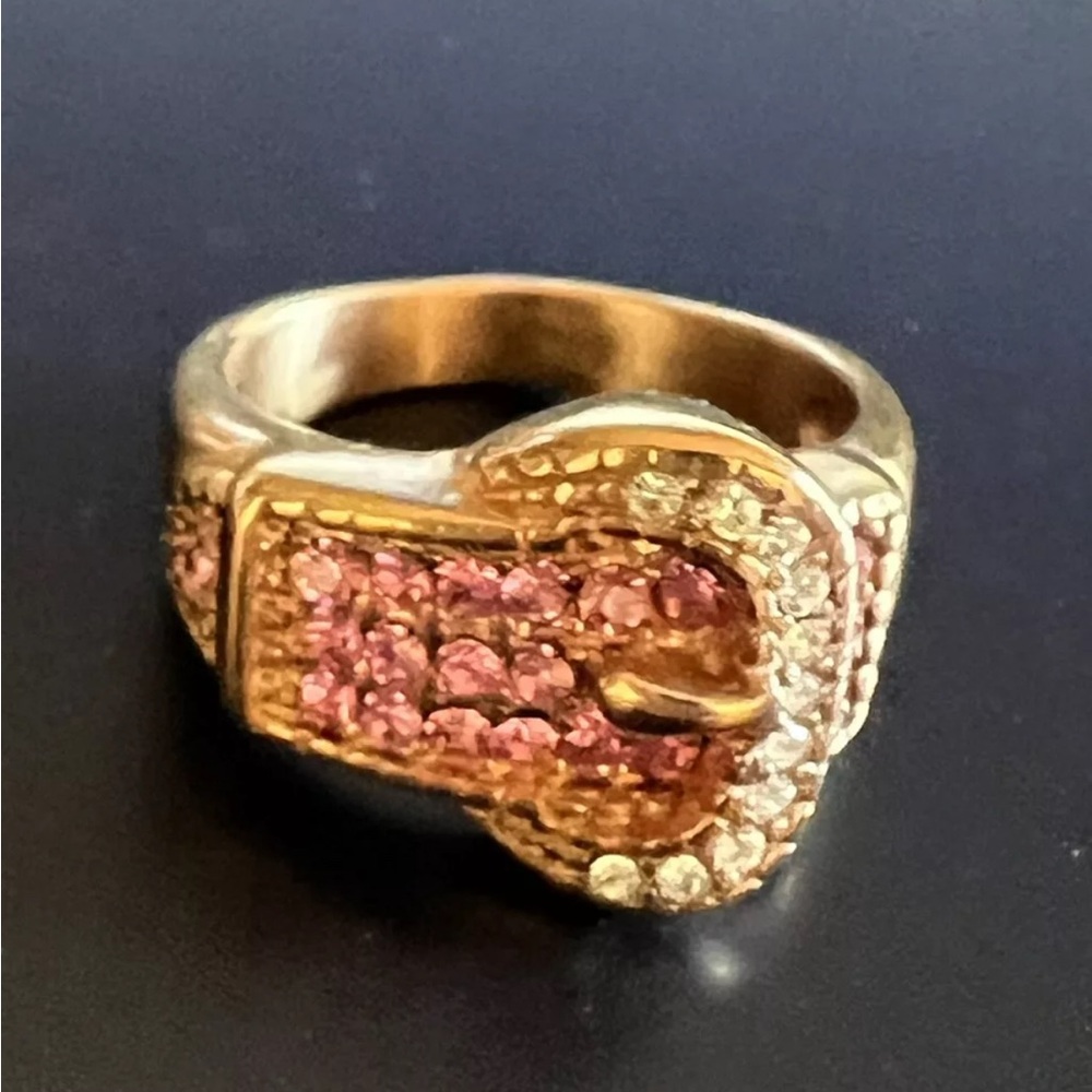 Pink and White Austrian Crystal Buckle Ring Stainless Steel Rose Gold Plated 6.5